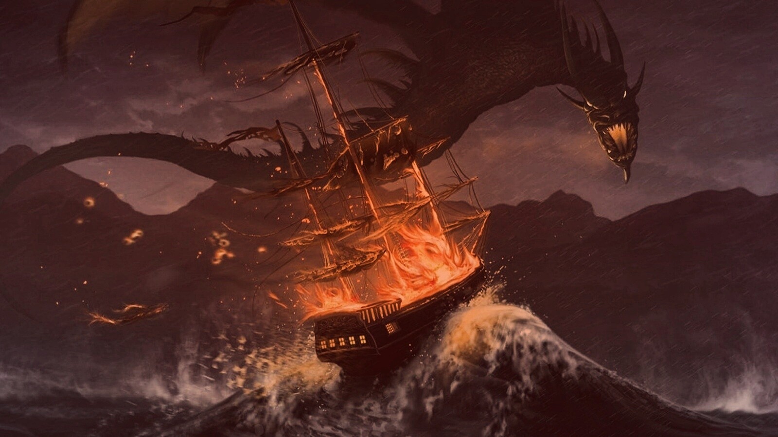 Дракон нападает на корабль обои