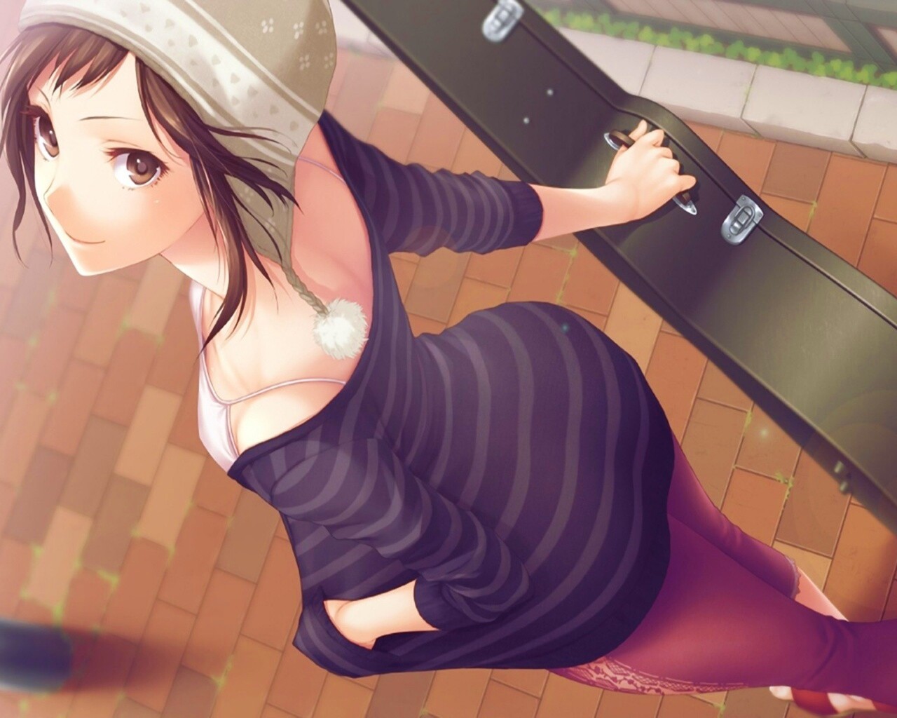 Девушка с гитарным чехлом обои