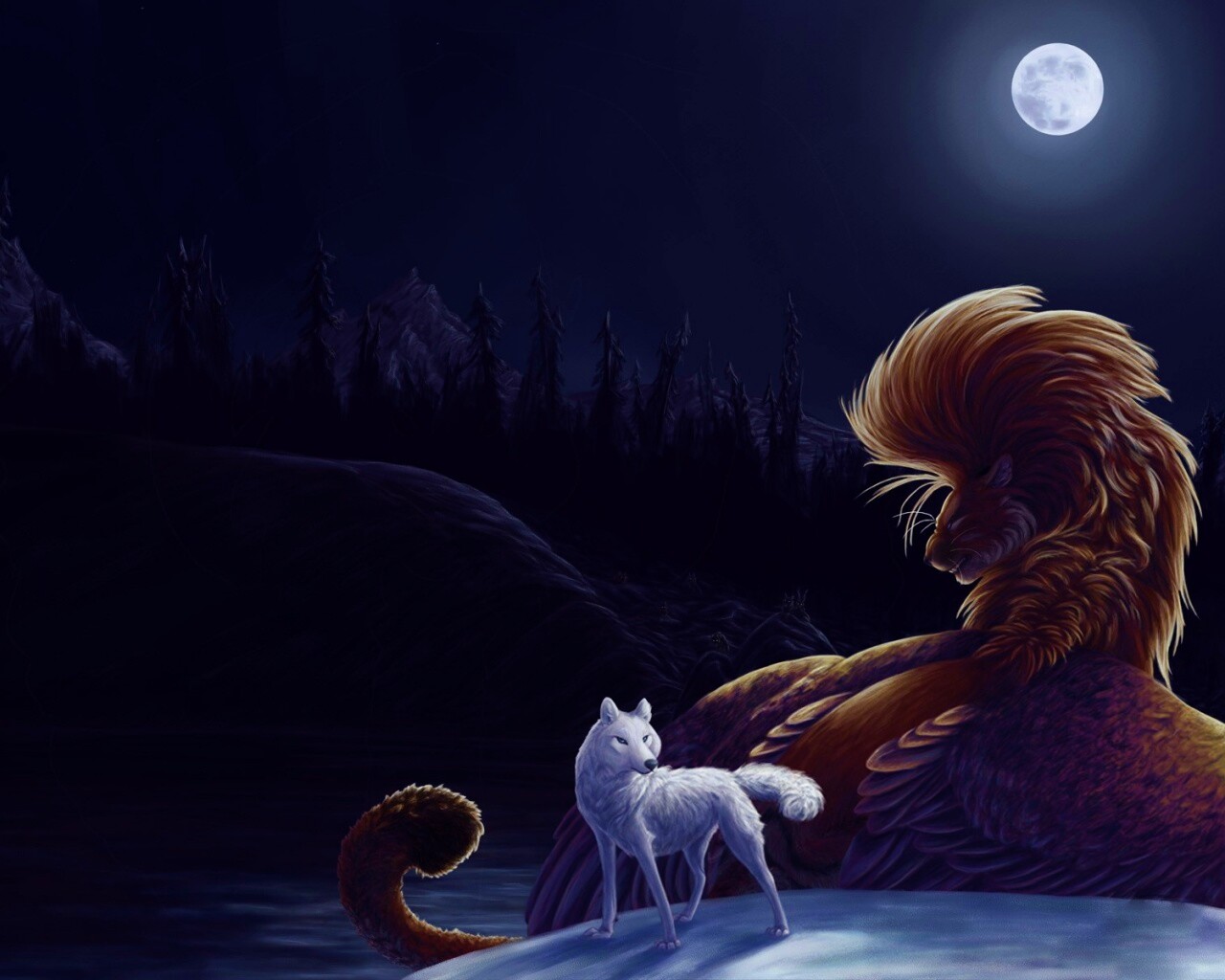 Волк и лев при луне обои