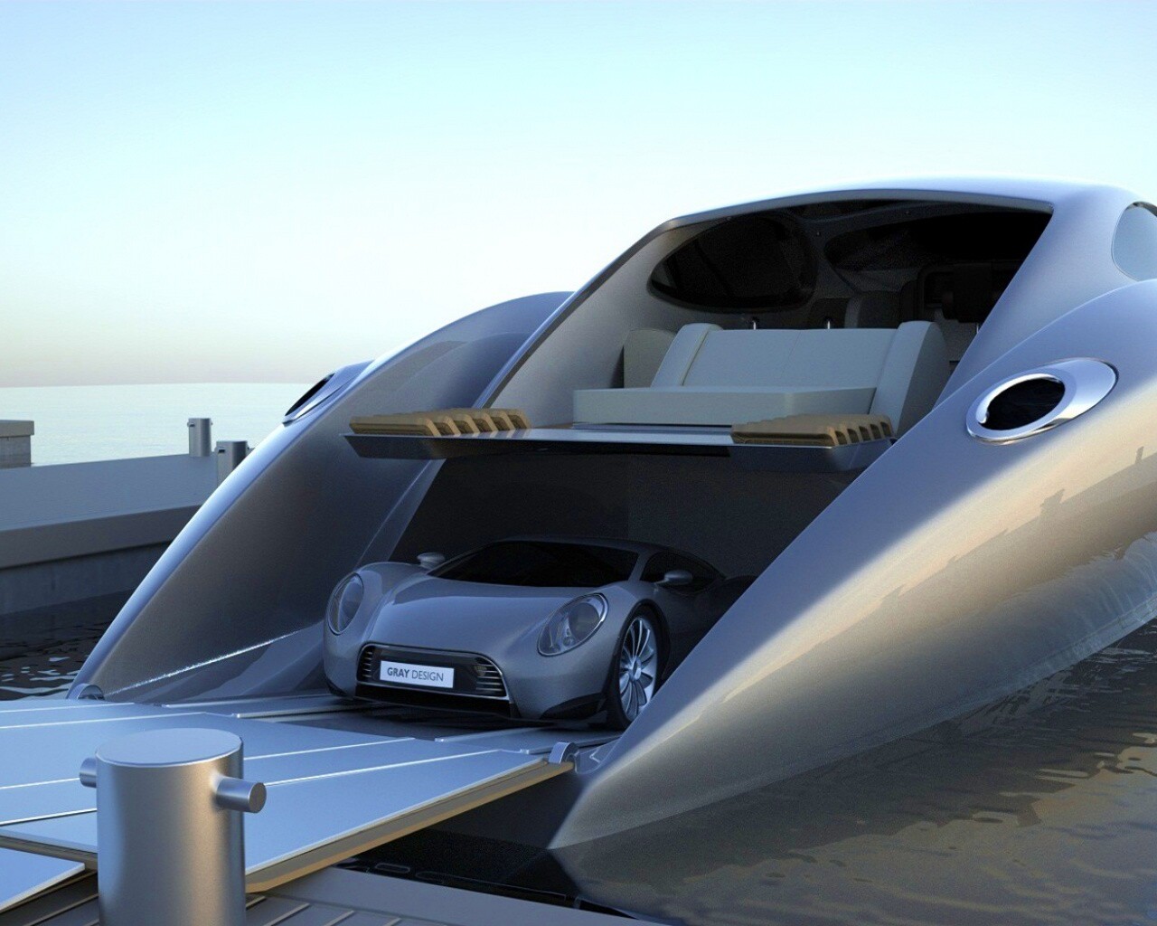 Яхта с автомобилем на борту обои