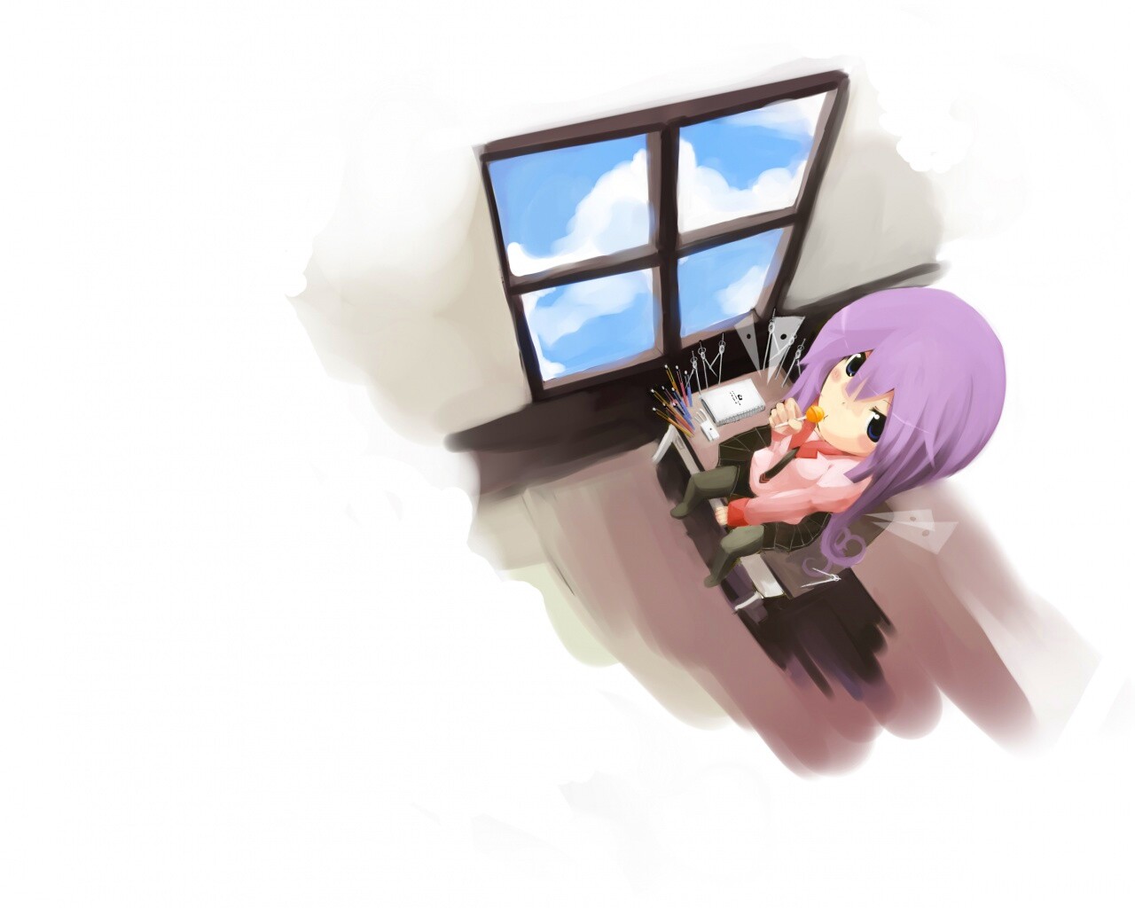 Школница с конфетой у окна обои