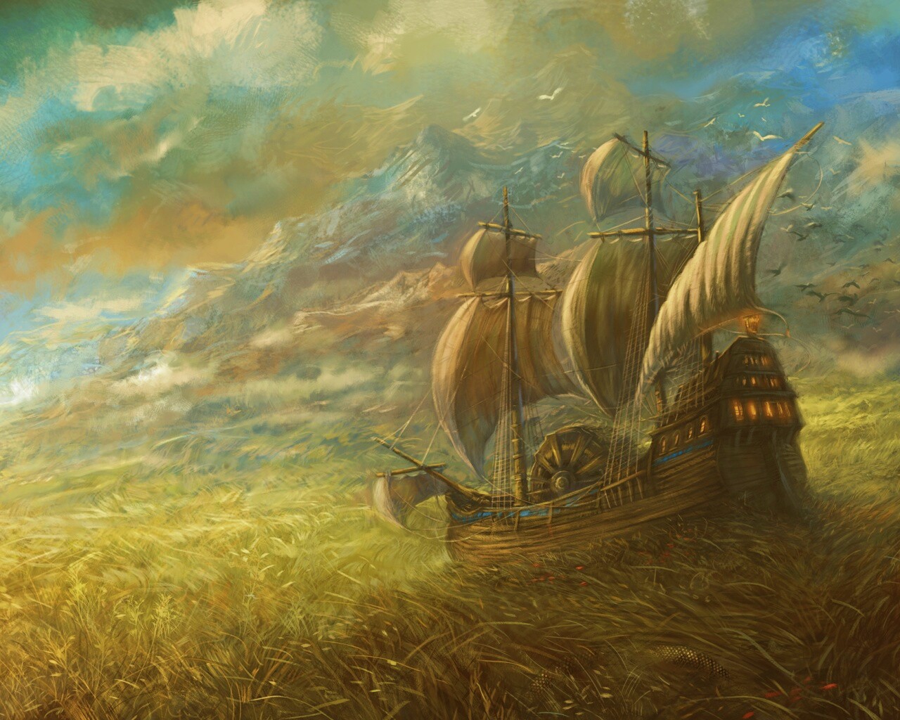 Корабль в море травы обои