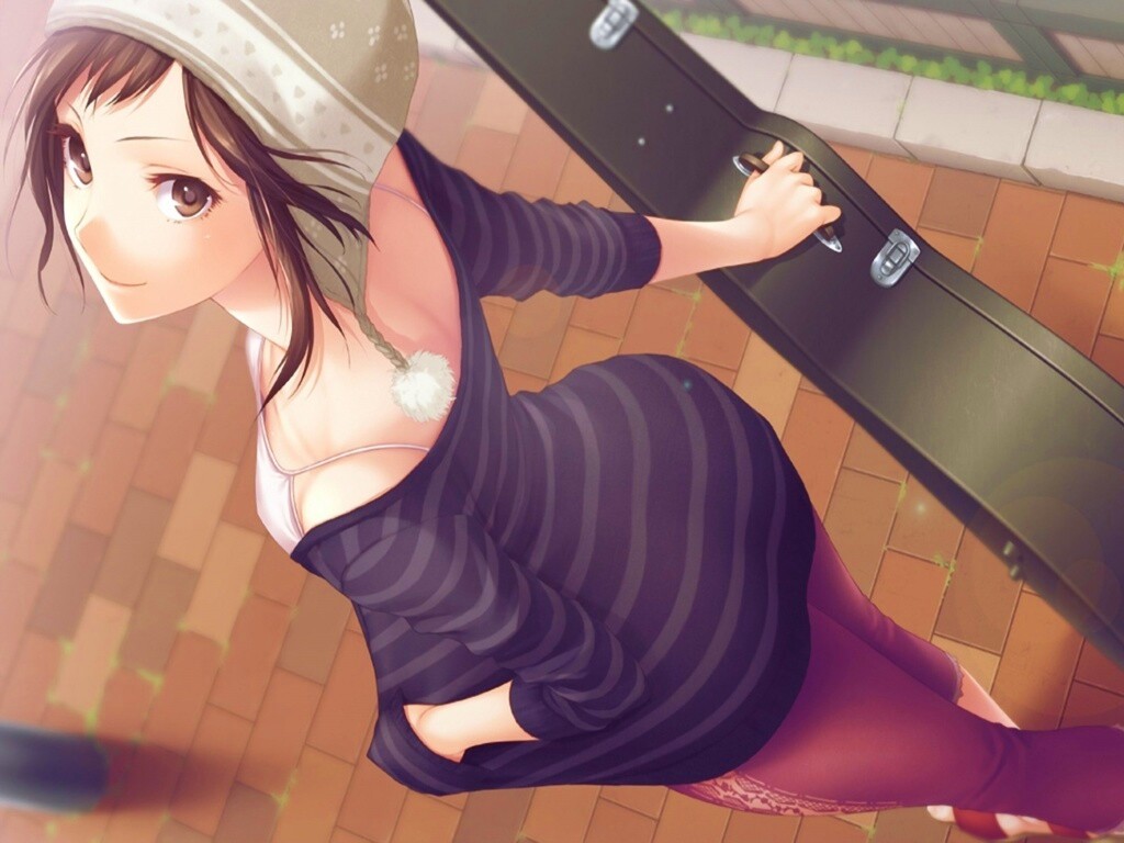 Девушка с гитарным чехлом обои