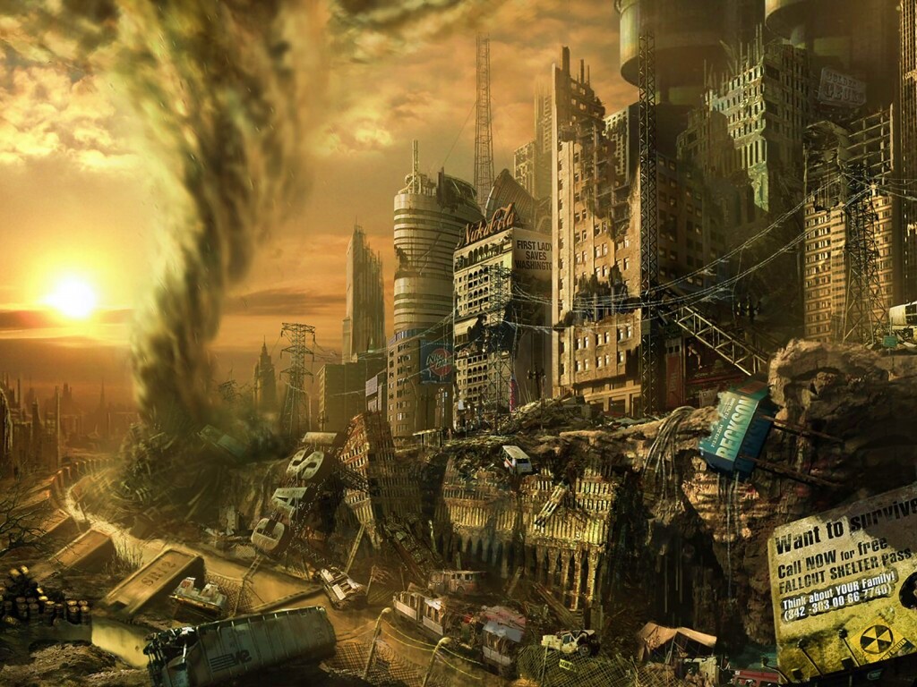 Торнадо в разрушенном городе обои