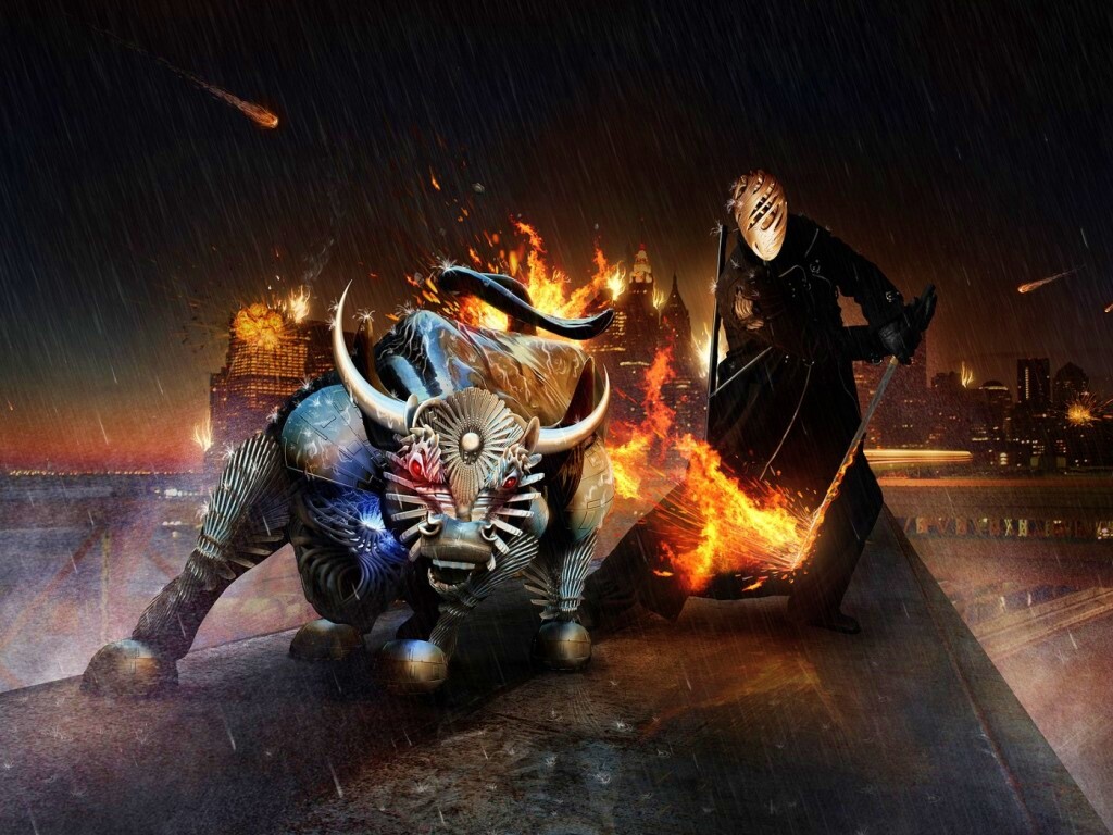 Воин и бык на крыше обои