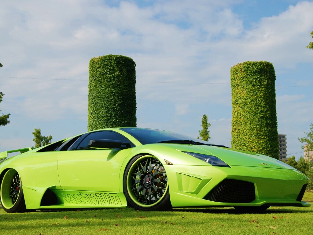 Зелёный Ламборджини на траве обои
