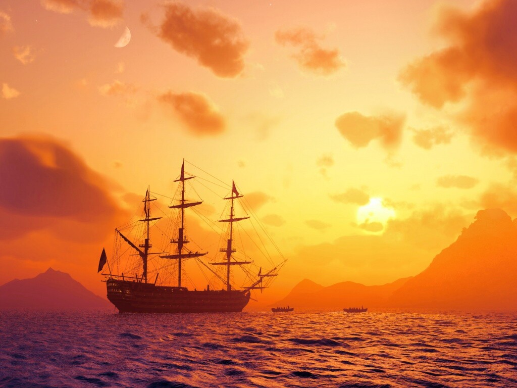 Трехпалубный парусный корабль на закате обои