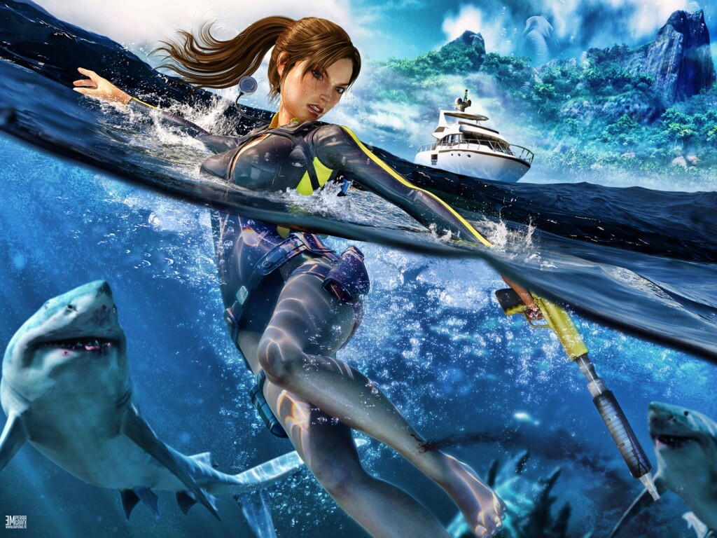 Лара Крофт против акул обои