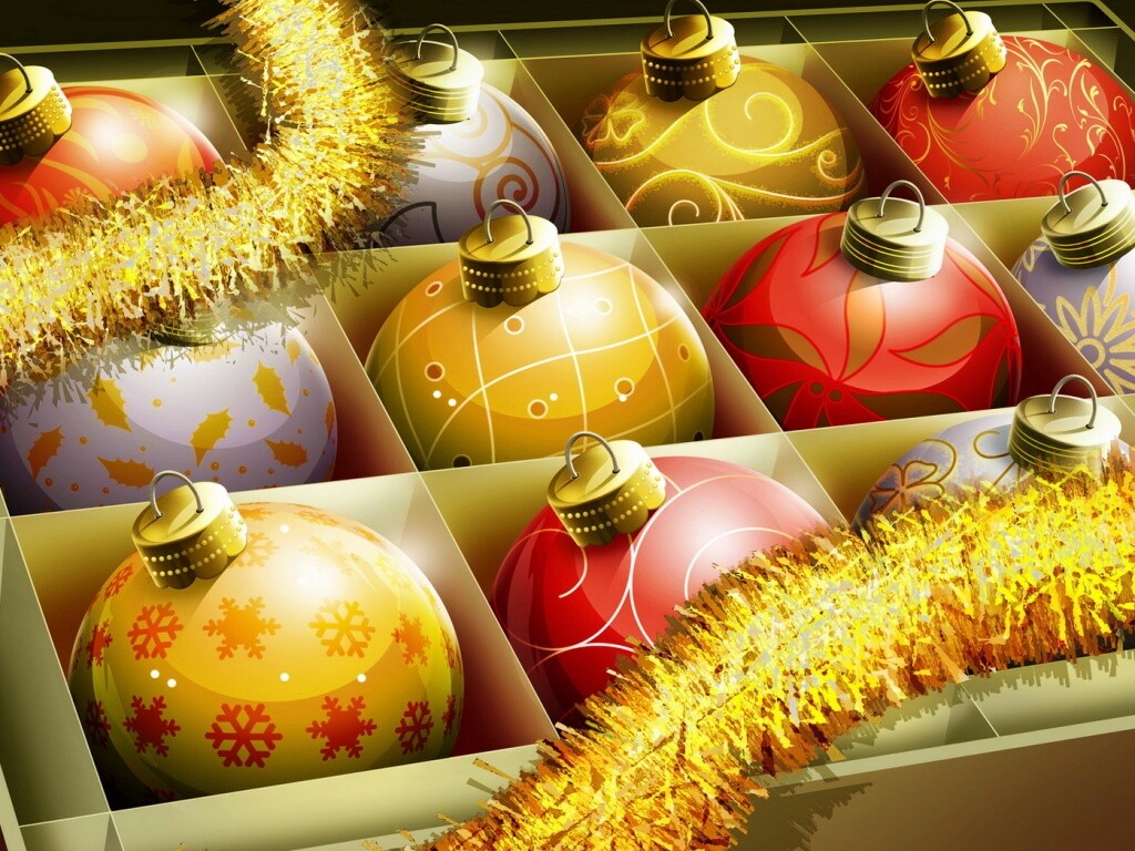 Елочные игрушки в коробке обои