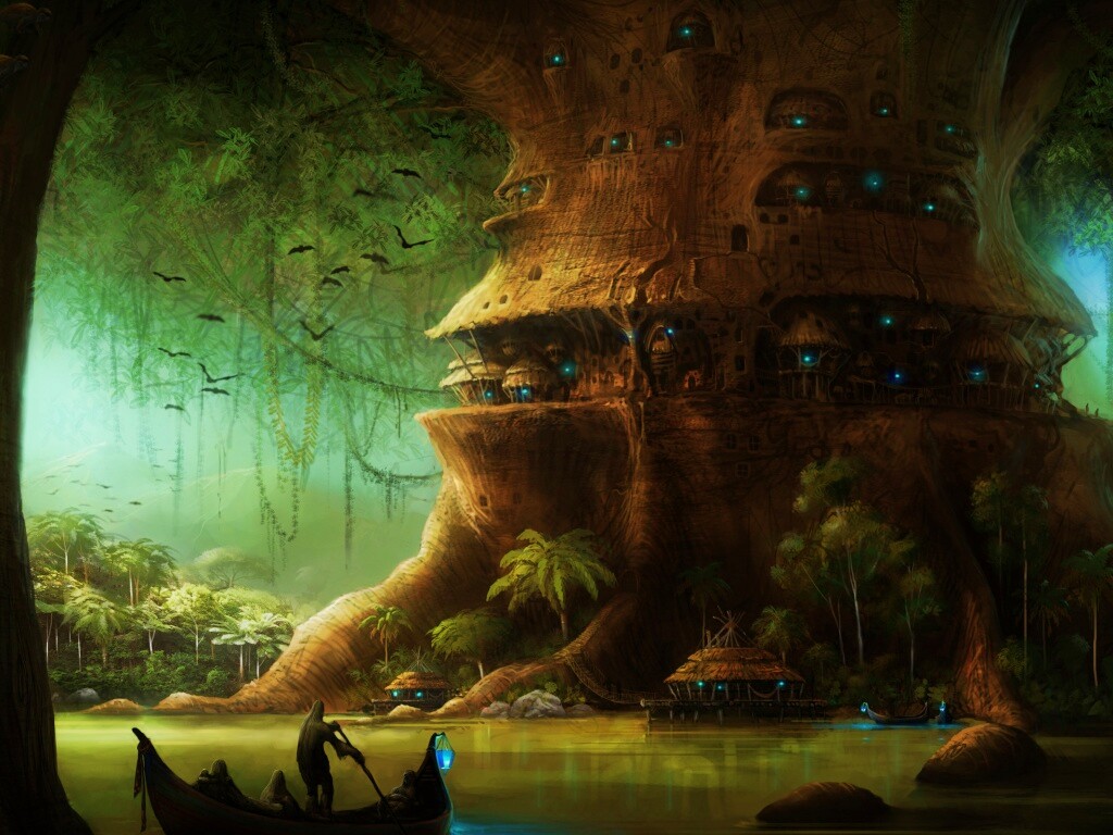 Город в стволе дерева обои