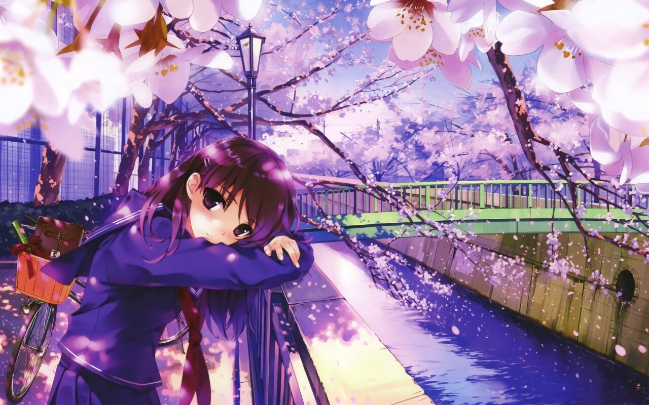 Девушка среди лепестков сакуры обои