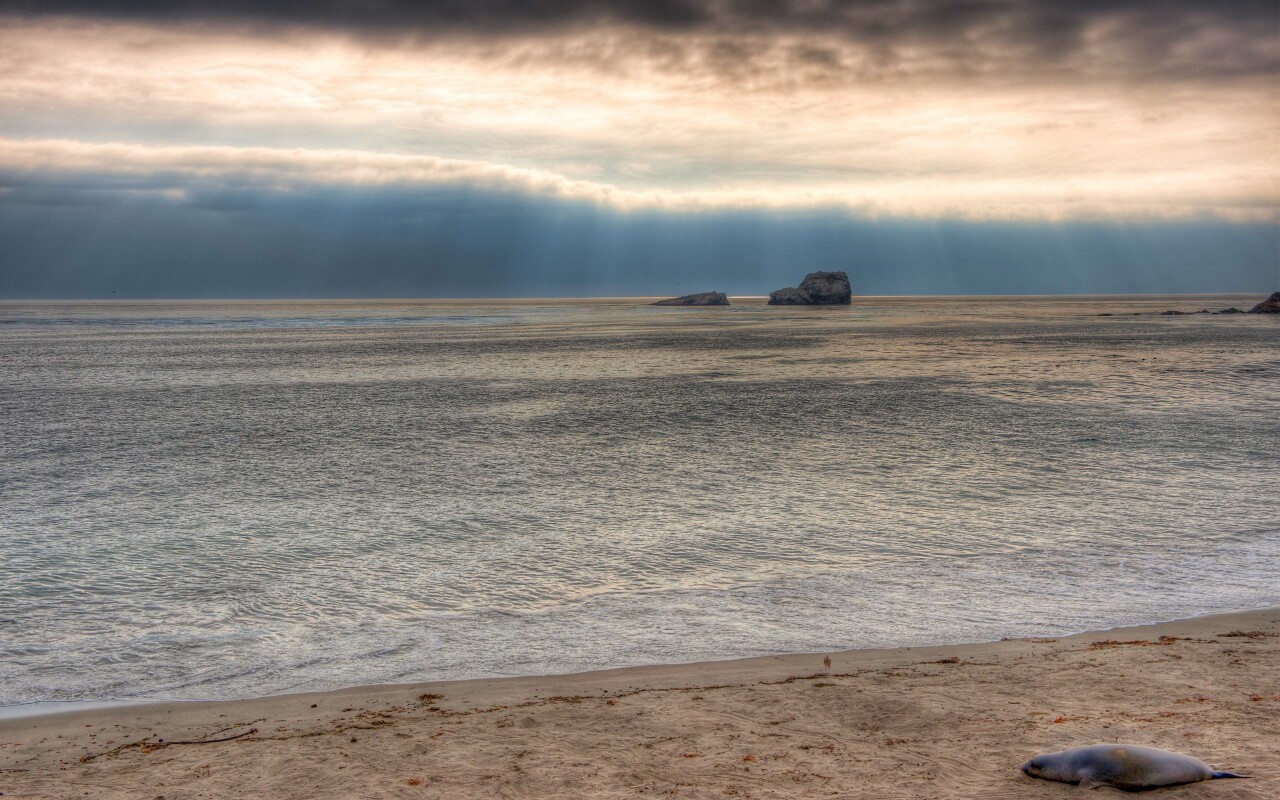 Пляж на фоне светящегосы неба обои