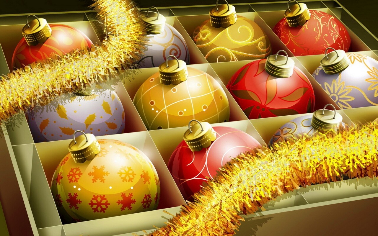 Елочные игрушки в коробке обои