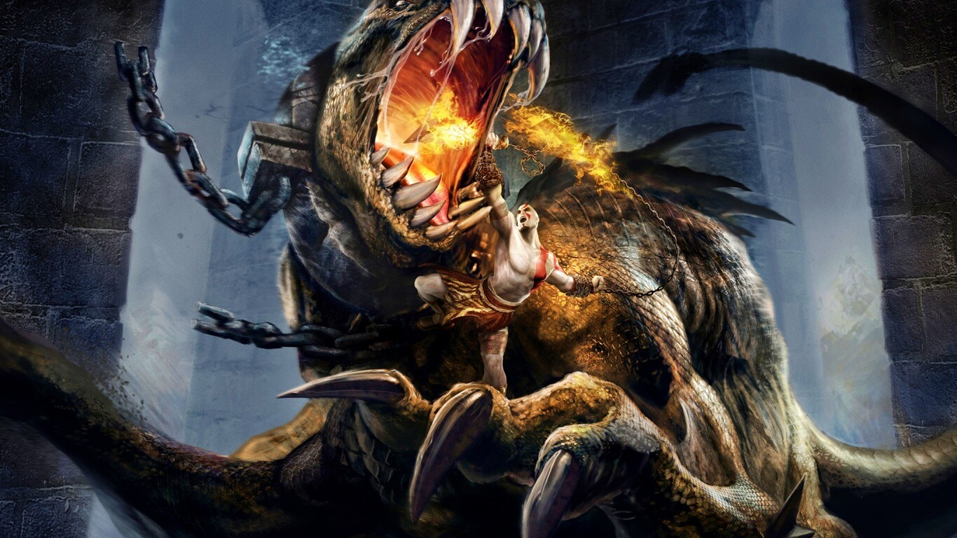 Кратос против динозавра обои