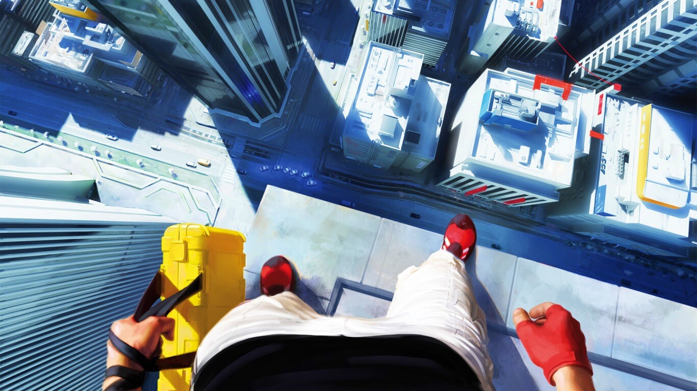 Фейт на краю небоскреба обои