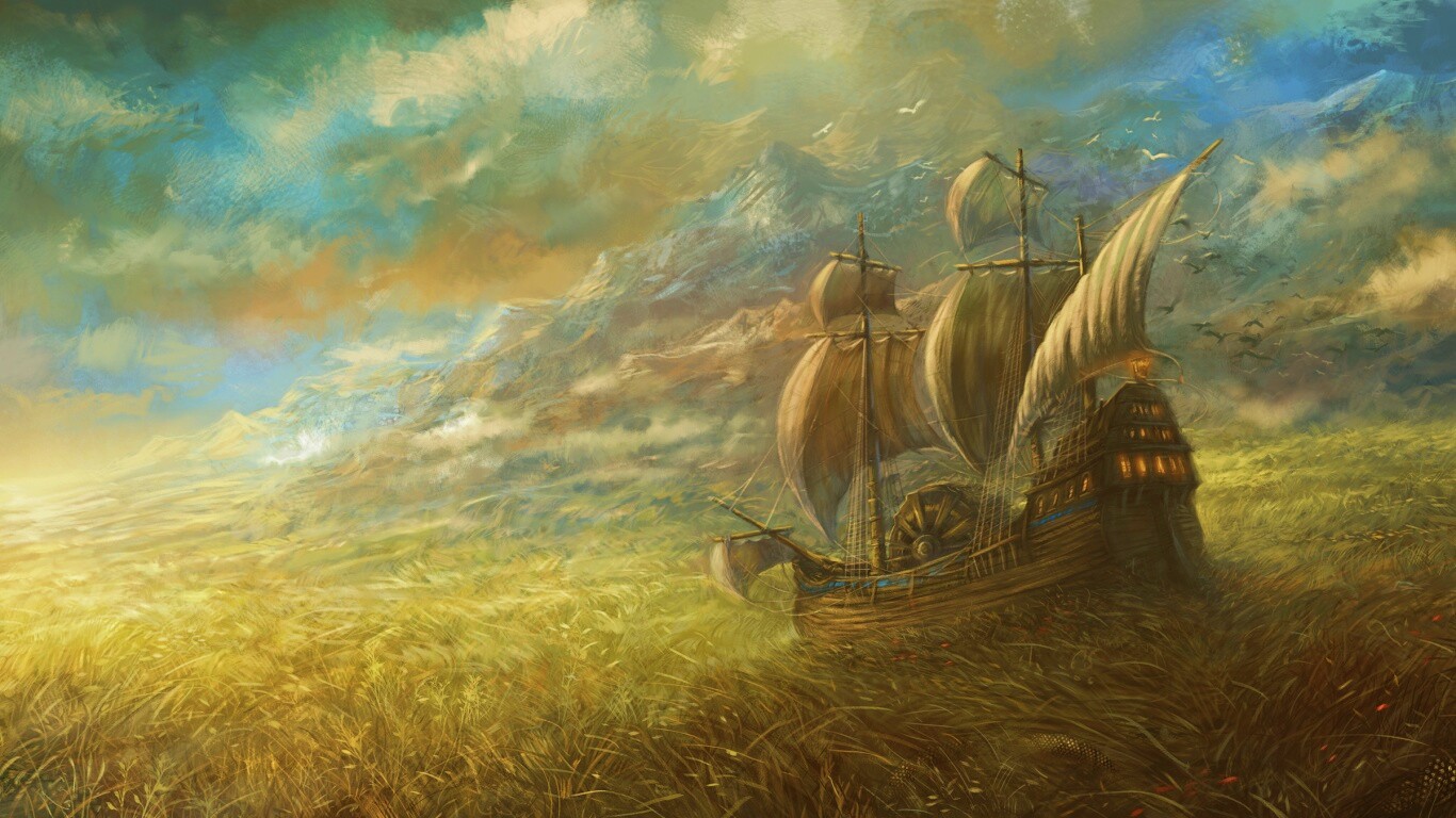 Корабль в море травы обои