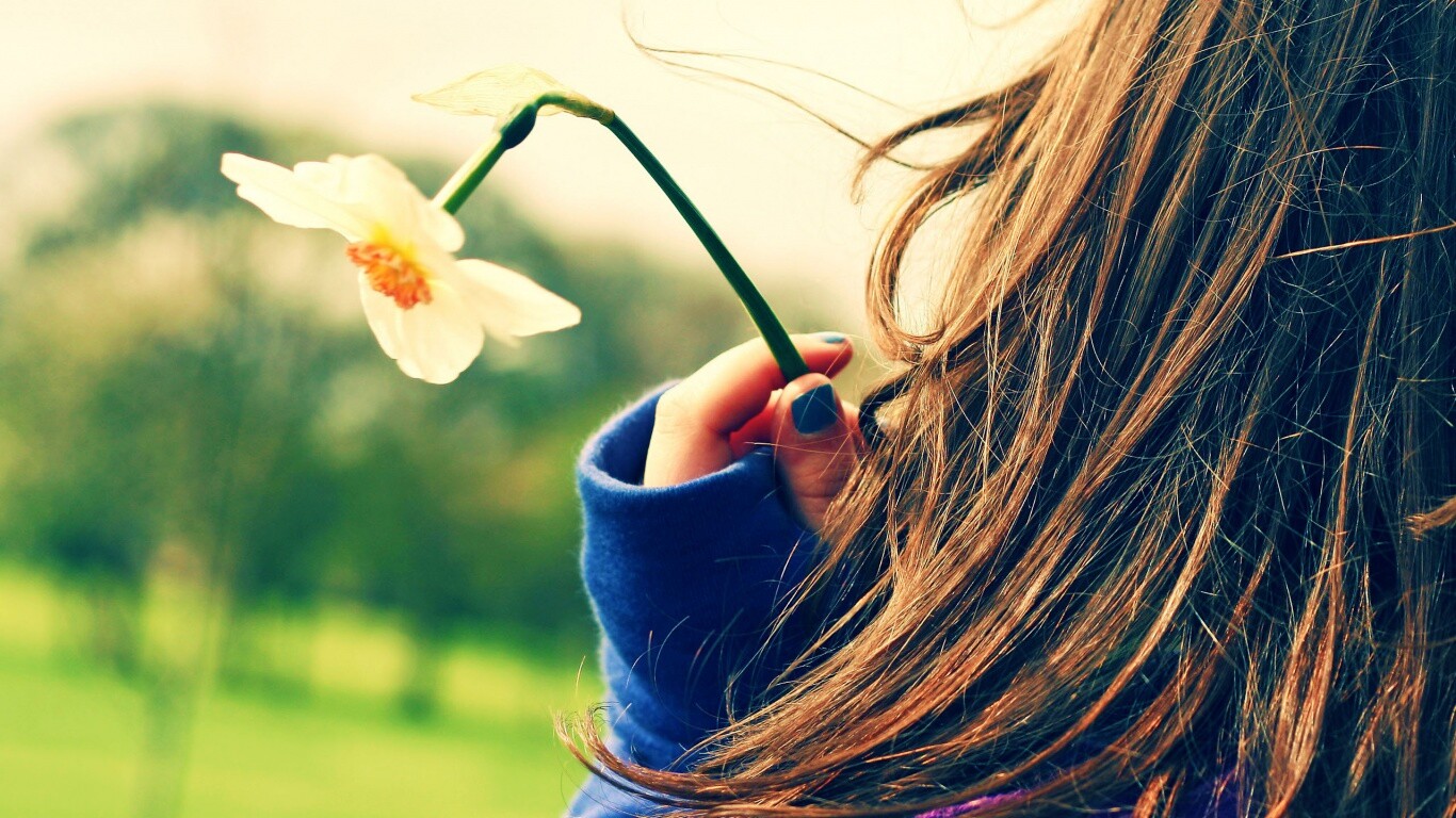 Девушка с нарциссом в руке обои