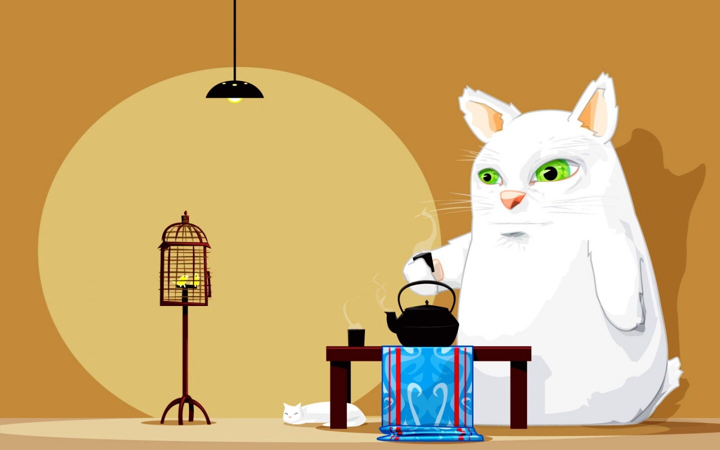 Кот пьет чай обои