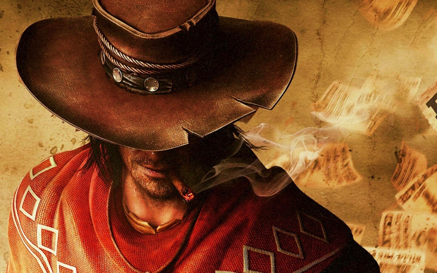 Мужик с сигарой в шляпе и пончо обои