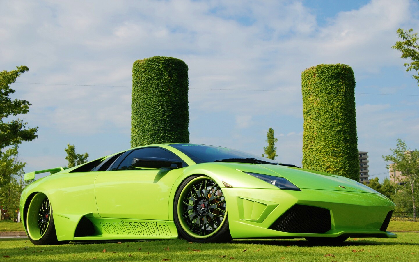 Зелёный Ламборджини на траве обои