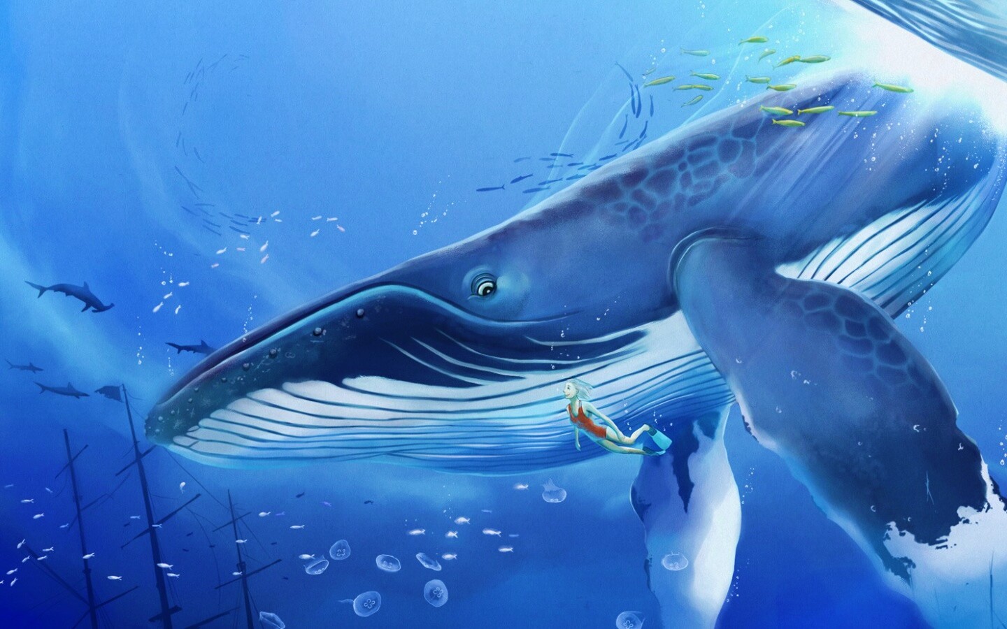 Кит и девушка обои
