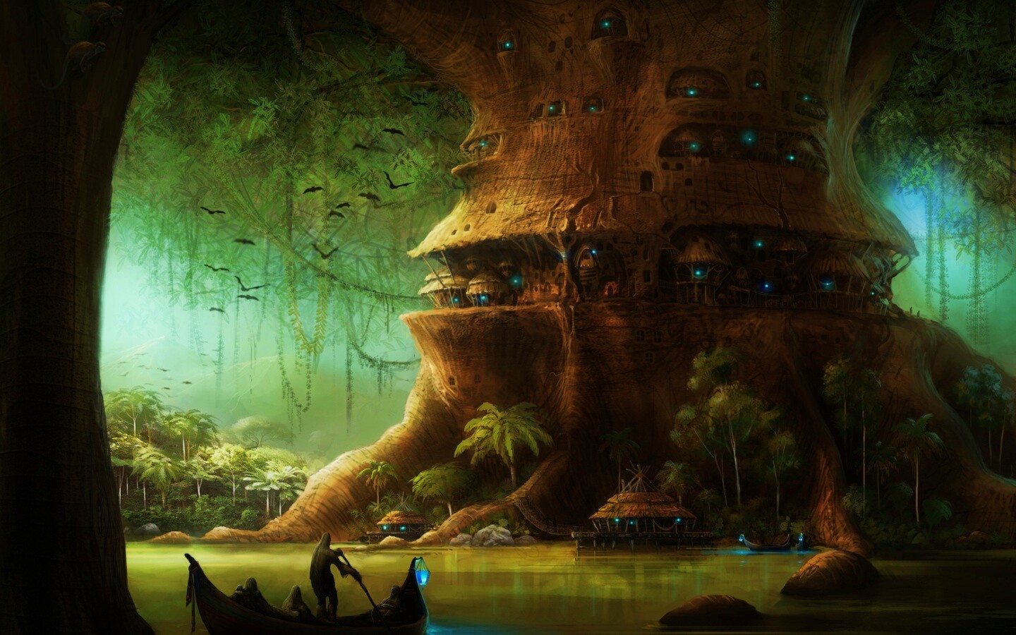 Город в стволе дерева обои