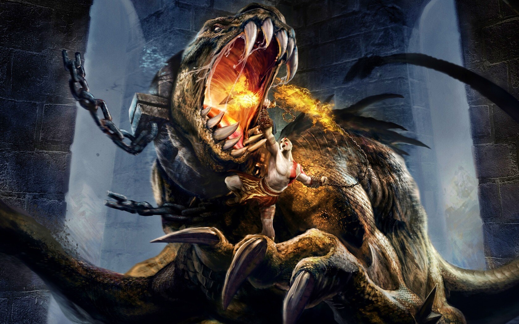 Кратос против динозавра обои