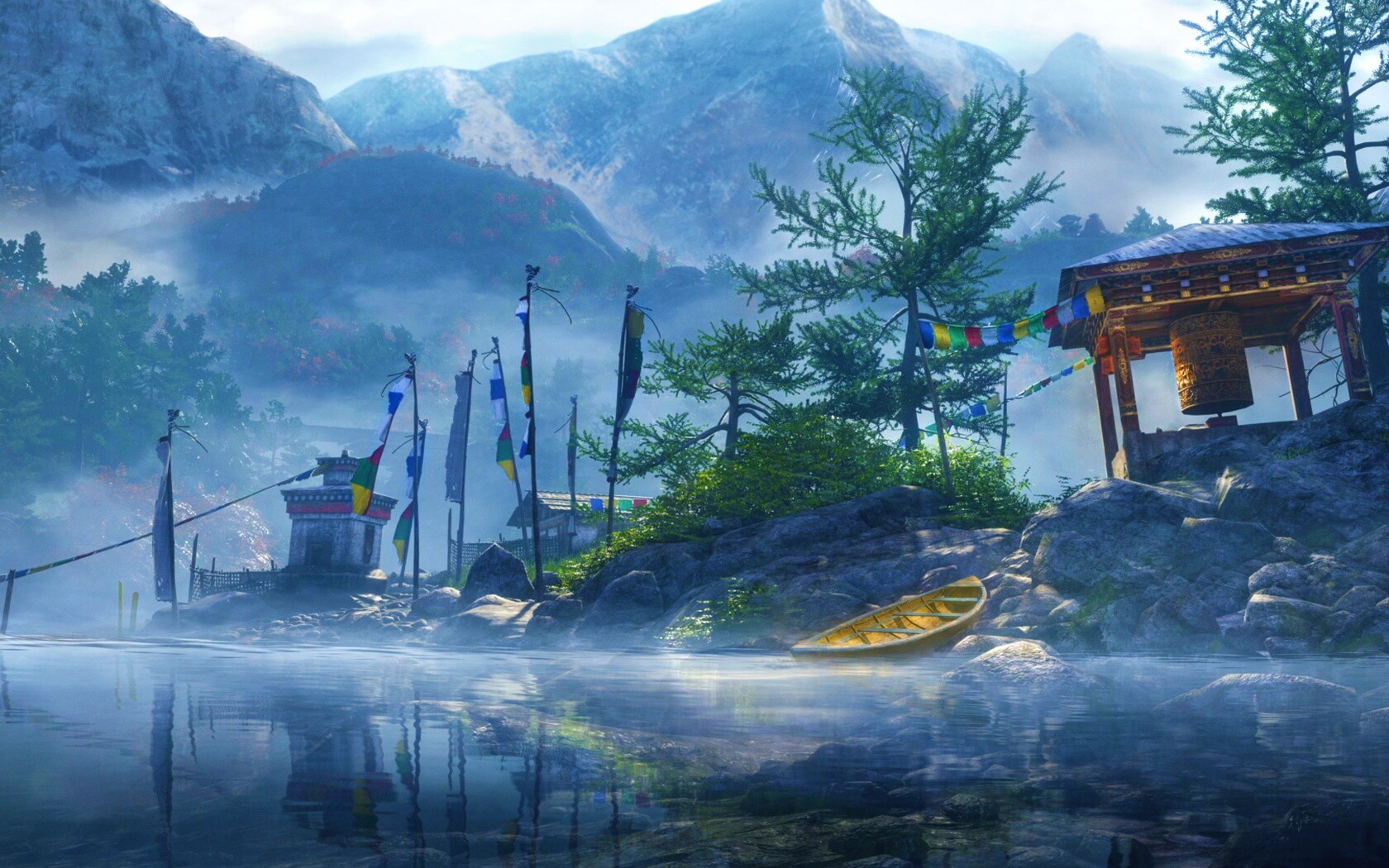 Каменистый берег в тумане обои