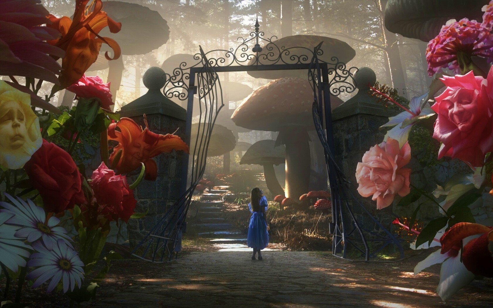 Алиса в стране чудес среди живых цветов обои