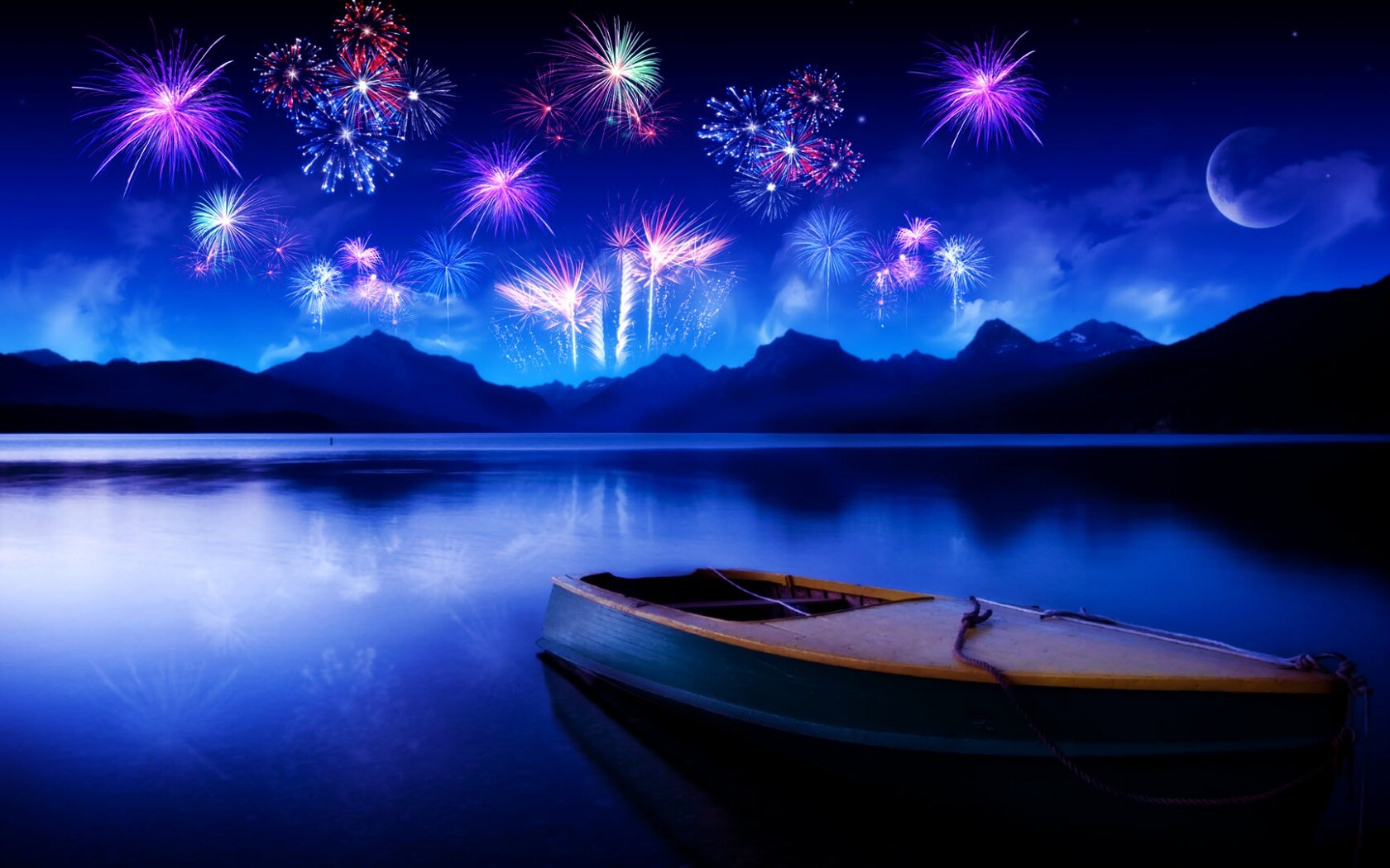 Фейрверк над озером обои