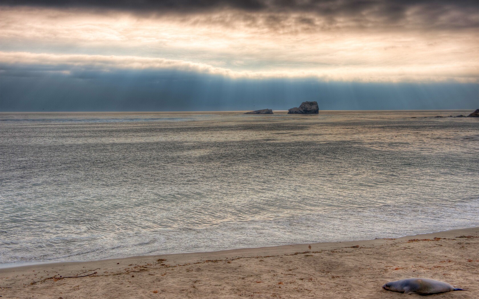 Пляж на фоне светящегосы неба обои
