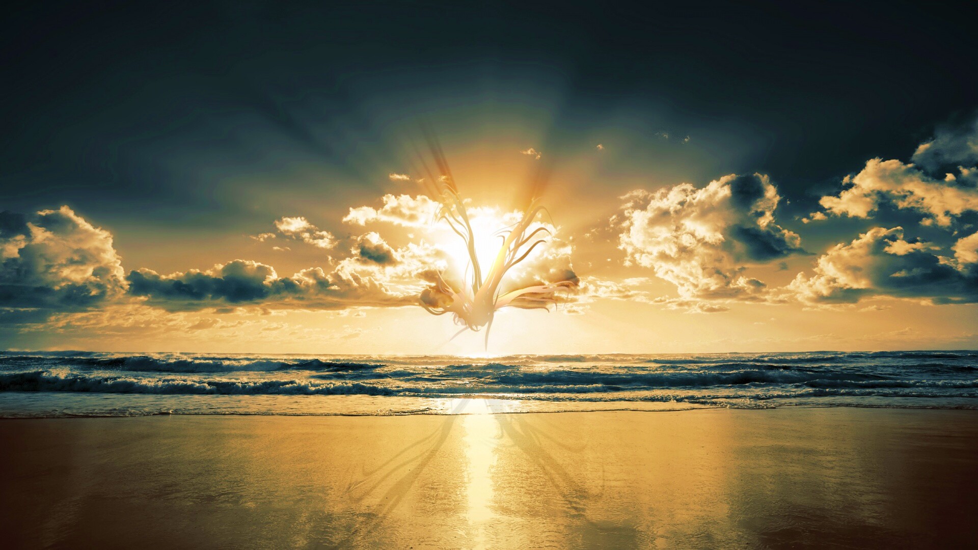 Абстрактные перья на фоне заката обои