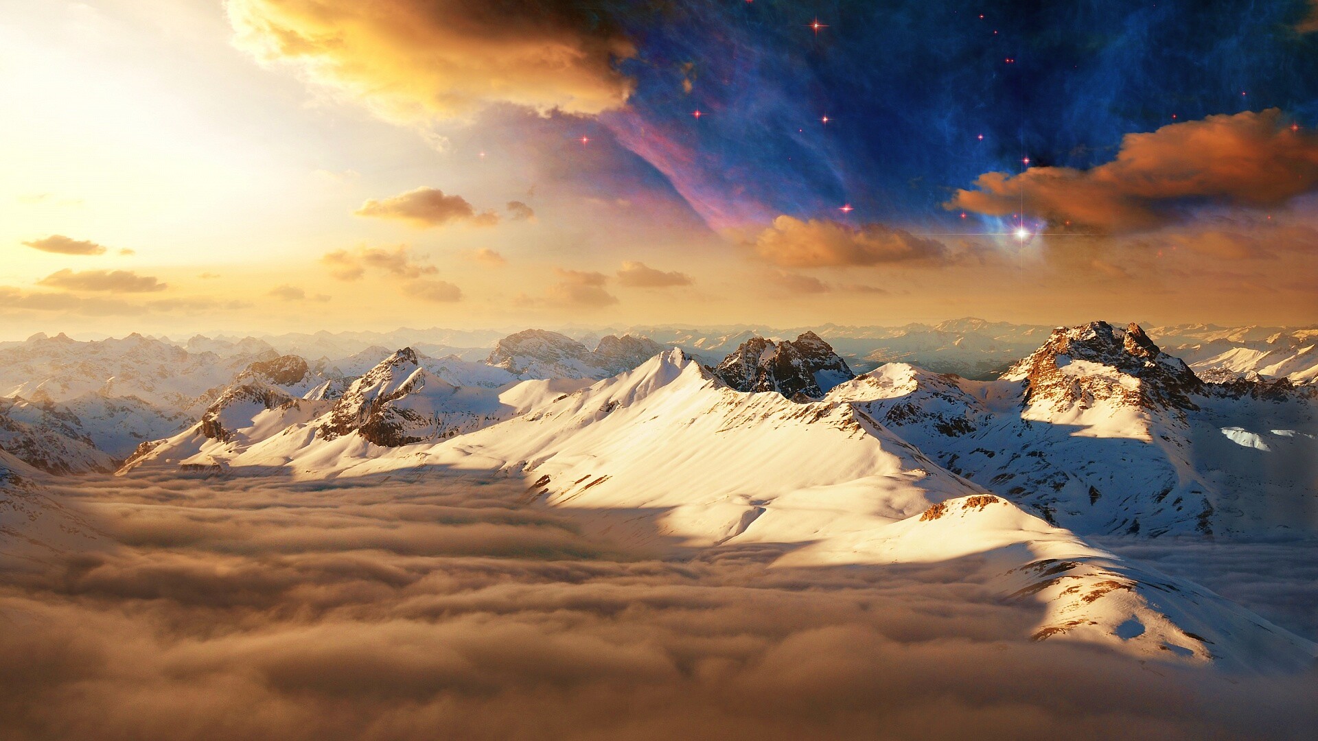 Горный хребет над облаками обои