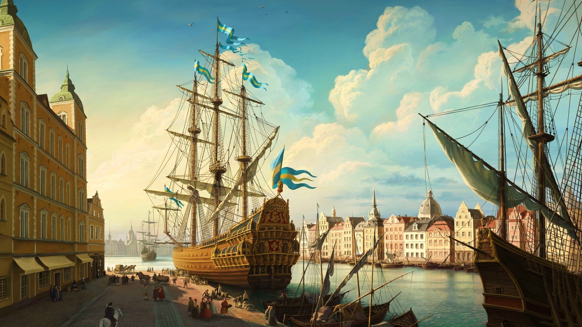 Парусник на набережной обои