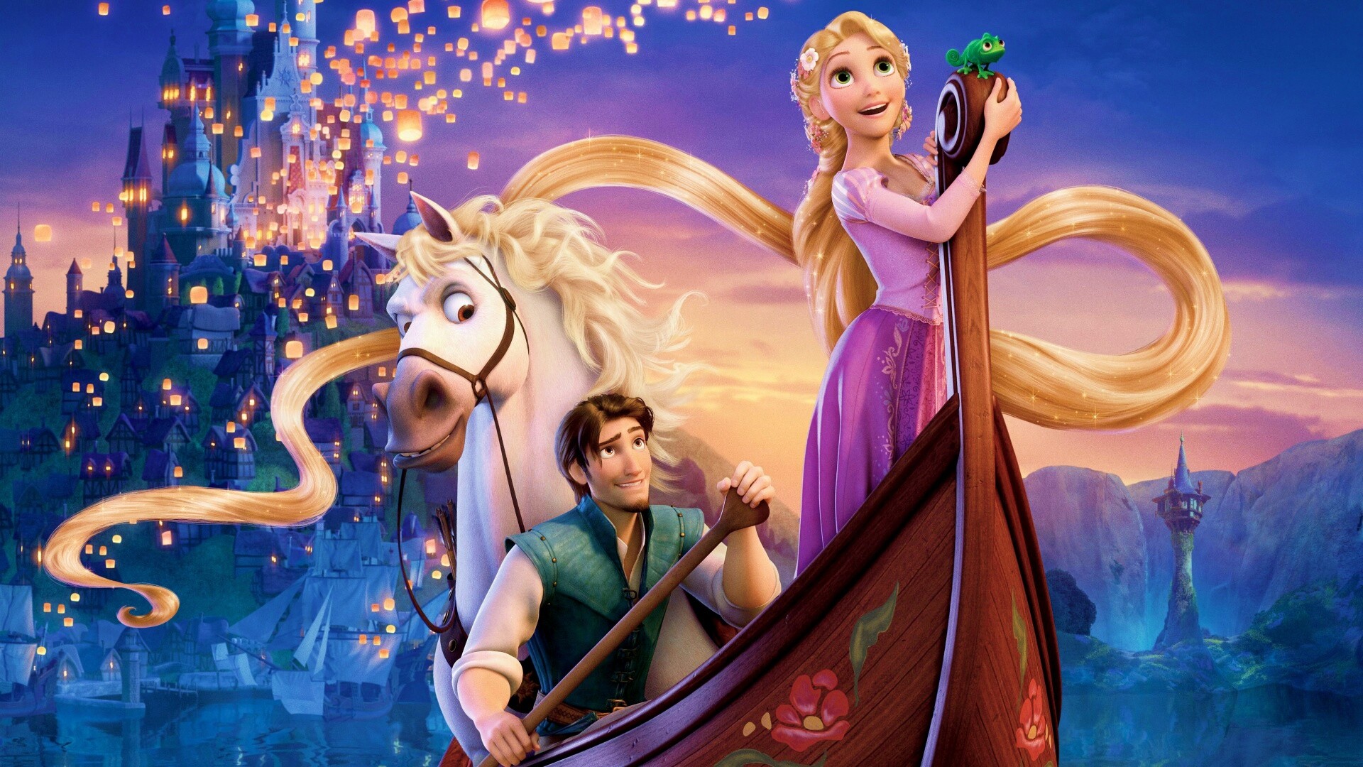 Рапунцель и Флин на лодке обои