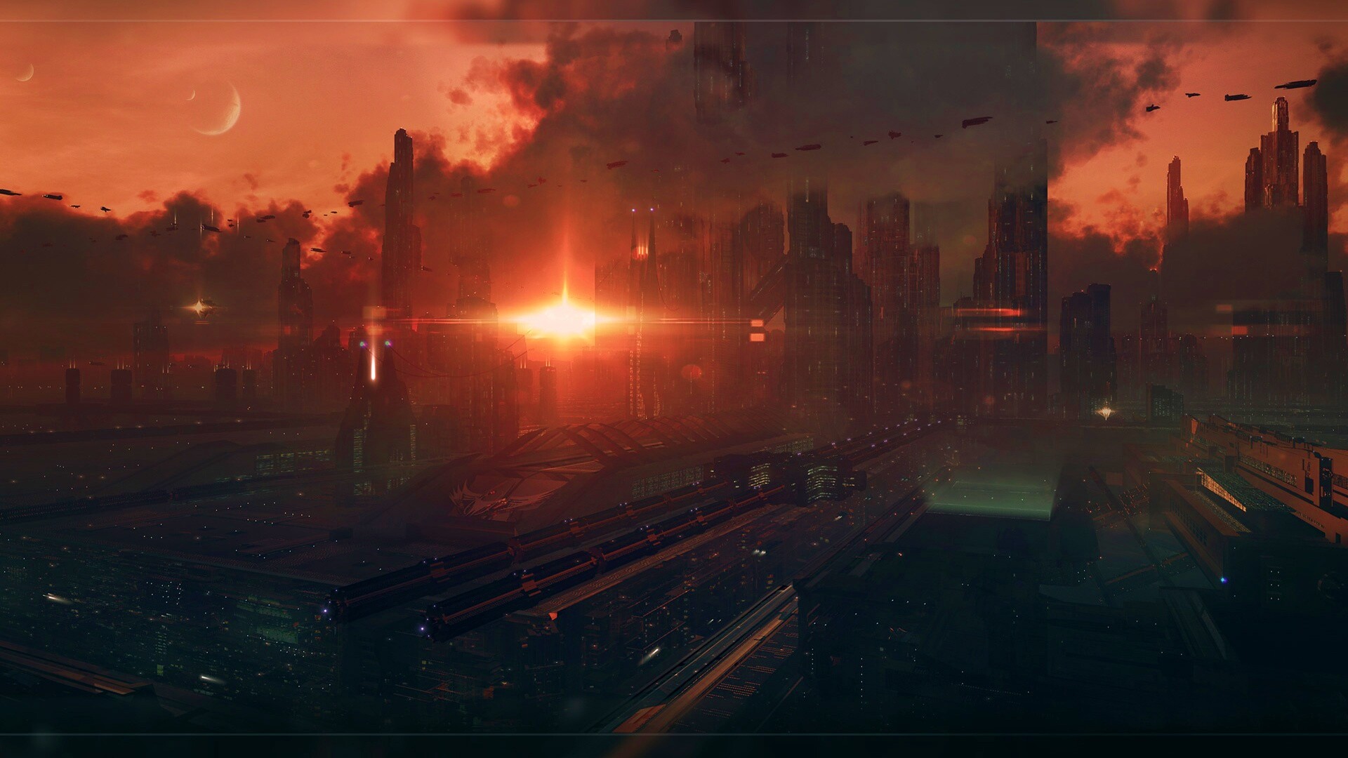 Закат в инопланетном городе обои