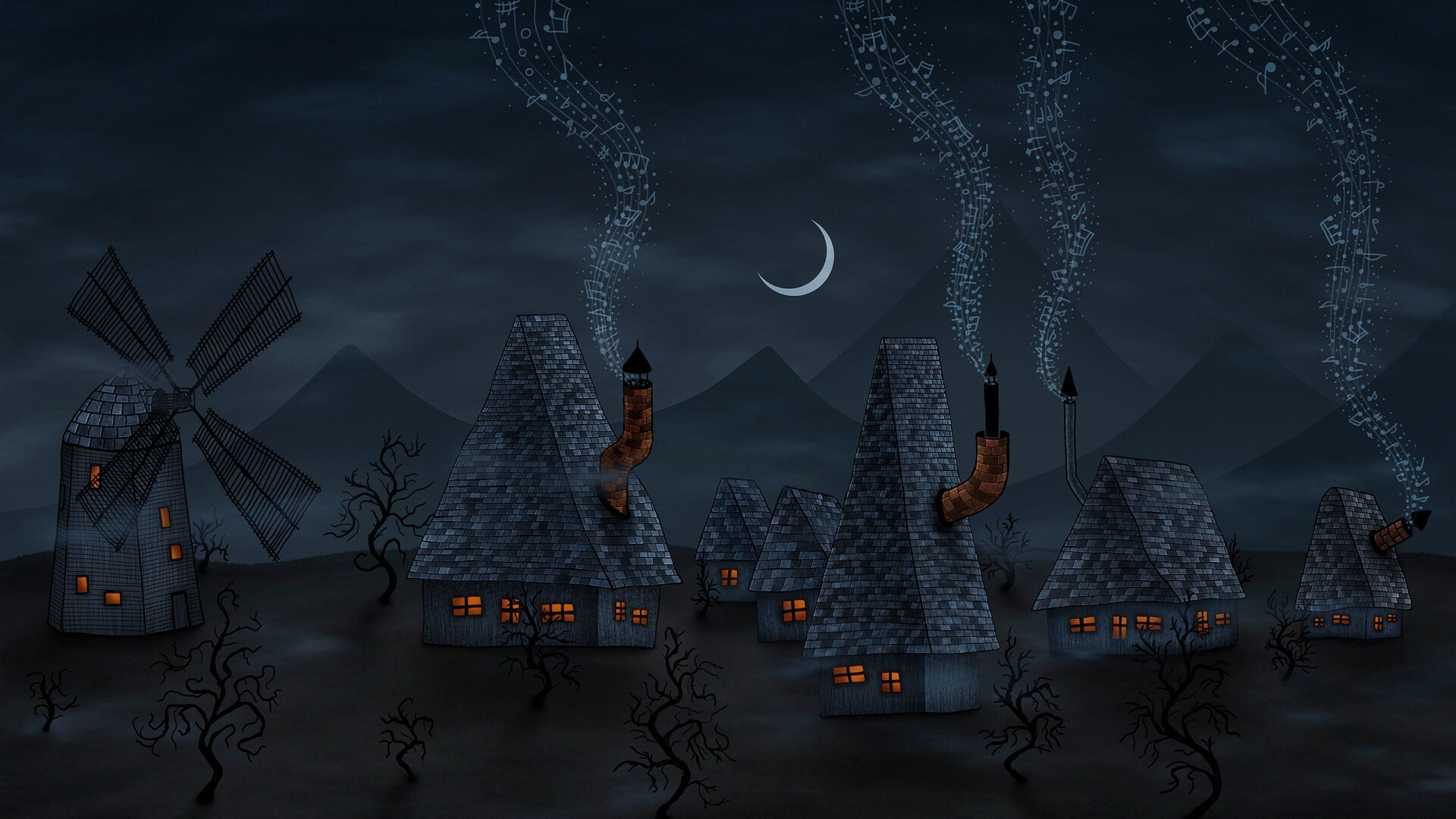 Ночная деревенька обои