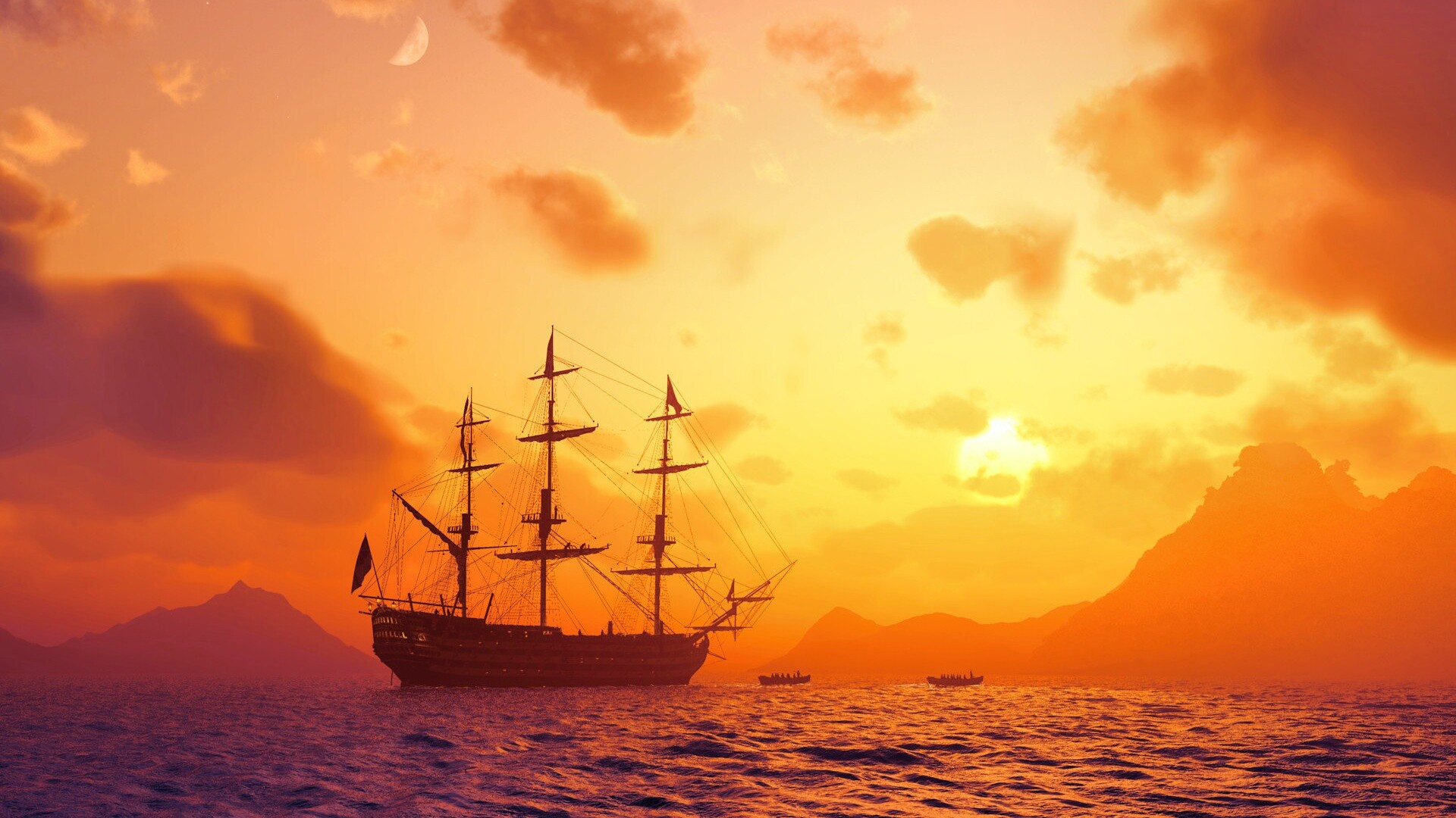 Трехпалубный парусный корабль на закате обои