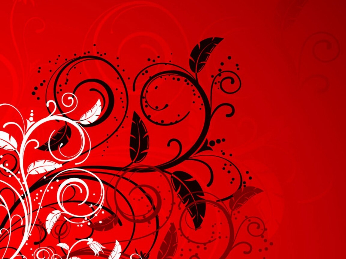 Черно-белые листики на красном фоне обои