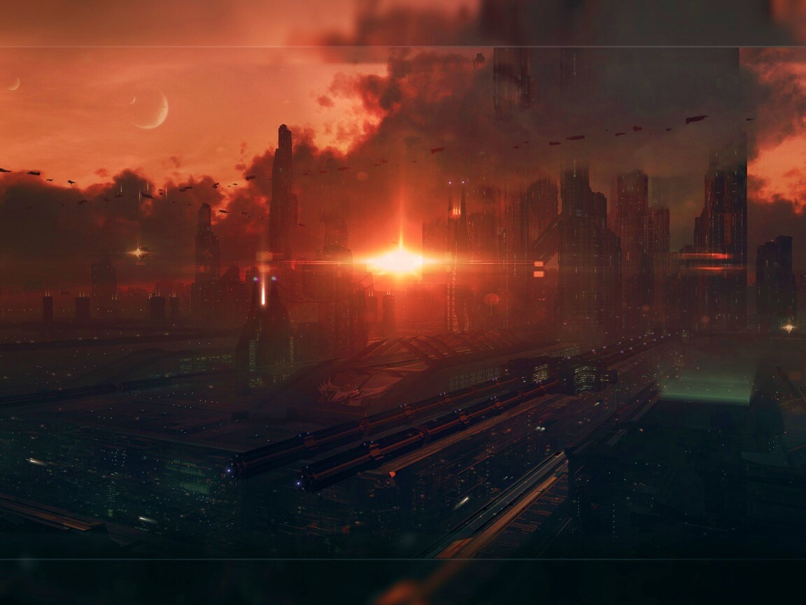 Закат в инопланетном городе обои