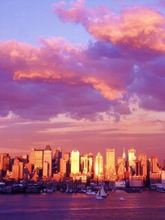 Панорама города на закате обои