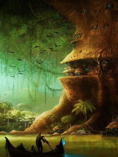 Город в стволе дерева обои