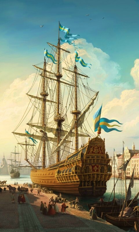 Парусник на набережной обои