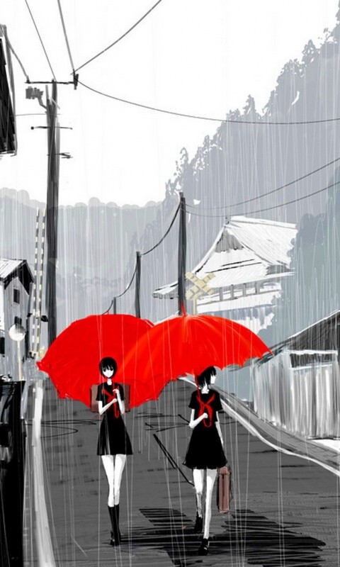 Девушки с красными зонтами обои