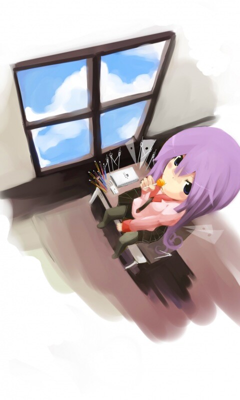 Школница с конфетой у окна обои