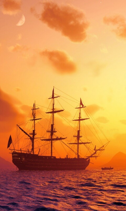 Трехпалубный парусный корабль на закате обои