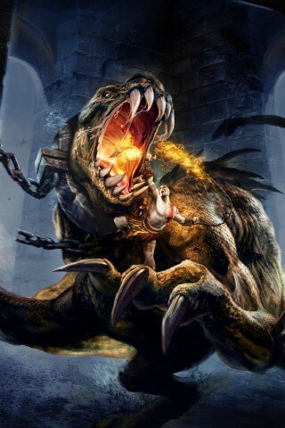 Кратос против динозавра обои