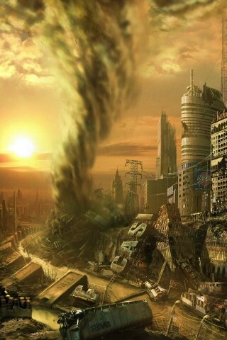 Торнадо в разрушенном городе обои