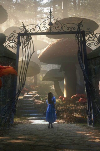 Алиса в стране чудес среди живых цветов обои