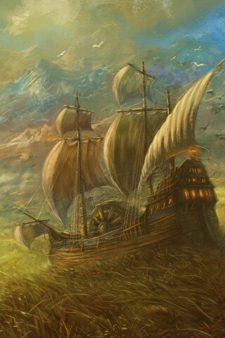 Корабль в море травы обои